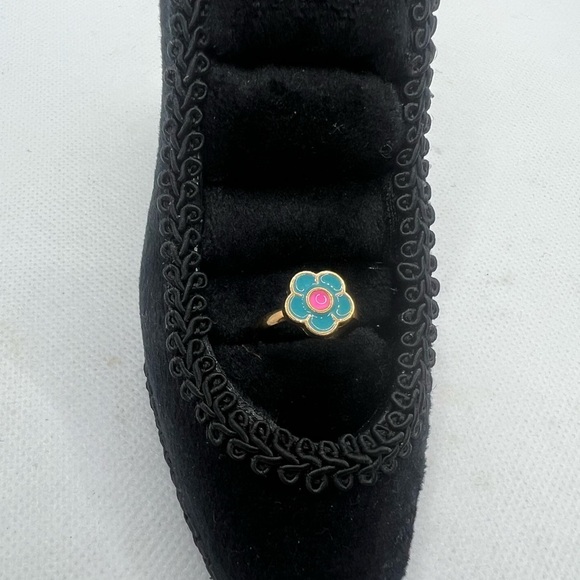 Flower Ring Adjustable‎ Gold Tone Teal Pink Enamel Cute Fun Girls Costume - Picture 2 of 3